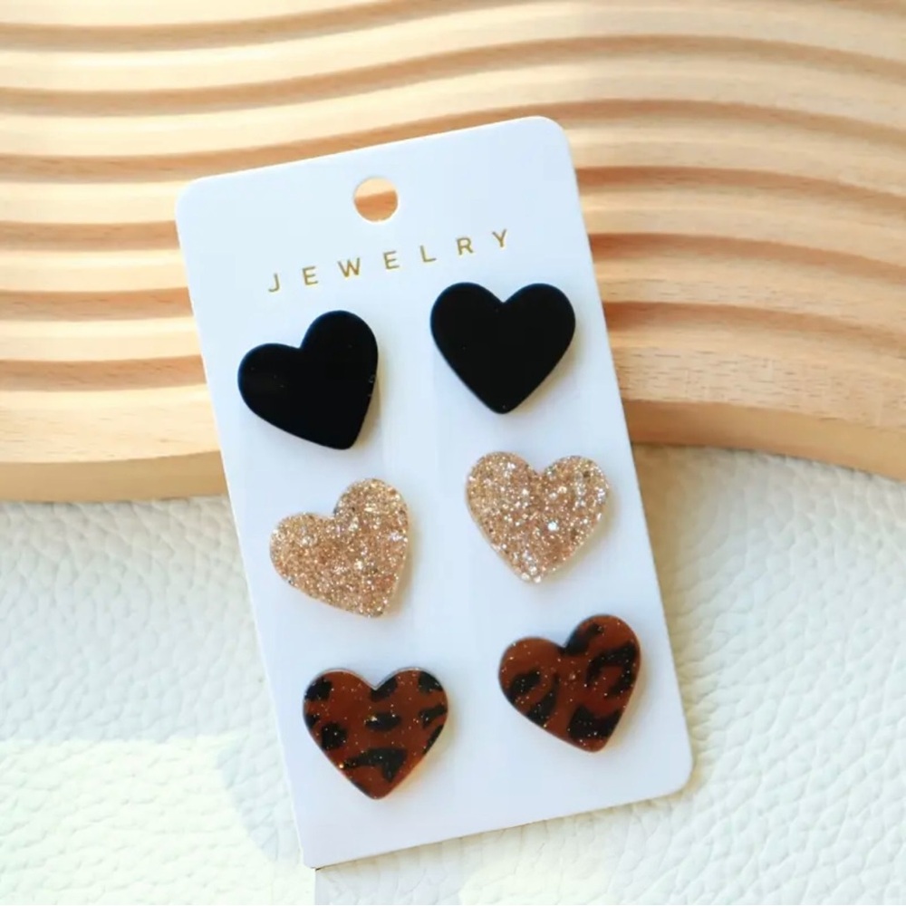 Acrylic Heart Stud Earrings Set – Black, Gold Glitter & Leopard Print